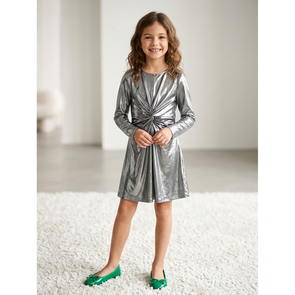 Zara Dress Kids Size 9 Silver New Metallic Twist Front Long Sleeve 2511/710/808